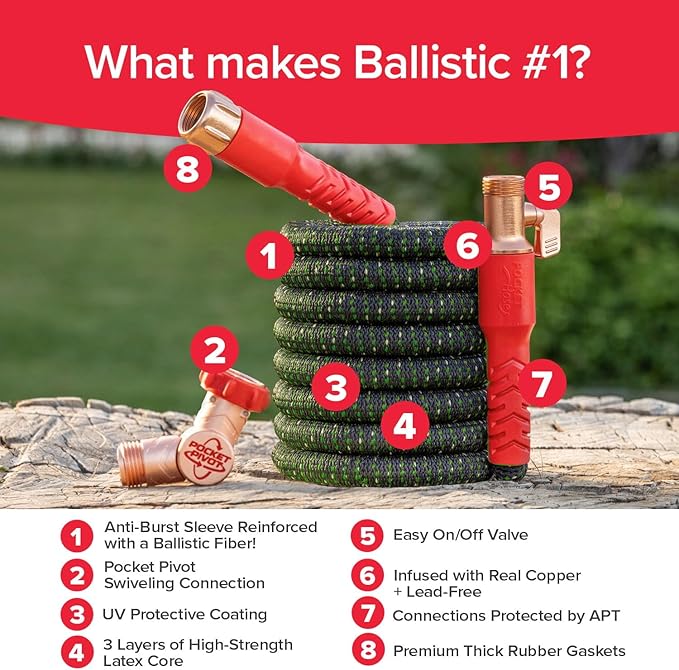 Pocket Hose Ballistic Double UV Edition 25 FT Expandable Garden Hose w/Pocket Pivot Swivel Connector, Anti-Burst Sleeve Reinforced w/Bulletproof Fiber, Lightweight, No-Kink, Compact, AS SEEN ON TV