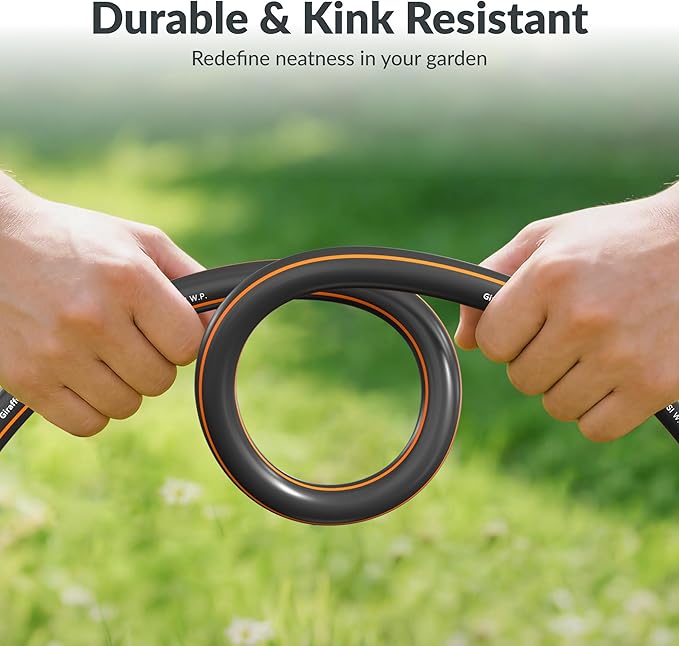Giraffe Tools Garden Hose 50ft x 3/4",Heavy Duty Rubber Hose,No Kink,Flexible,Hybrid Hose with Male/Female for Cleaning & Washing，1464PSI，Black