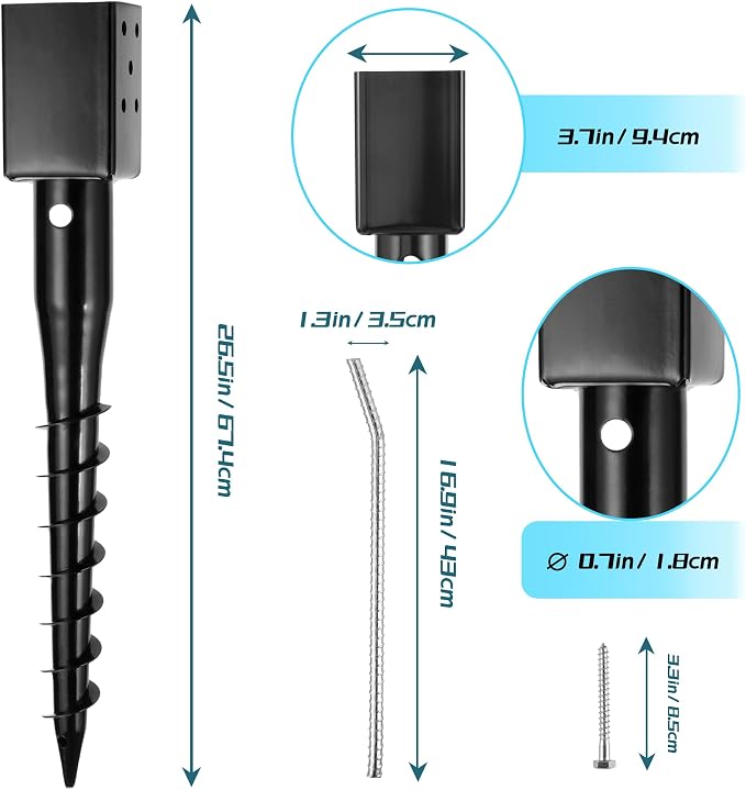 No Dig Ground Screw Anchor - Black Post Stake for 4x4 Wood Posts, Includes Lag Bolts & 27" Rebar, for Mailbox Posts and Fence Posts Anchor, 1 Pack