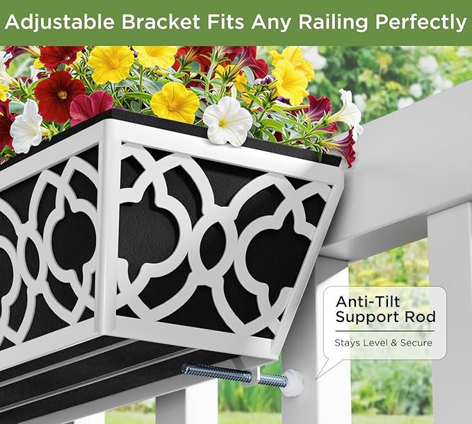 HFHOME 4 Pack 24 Inch Railing Planter Boxes with Adjustable Brackets & Non-Woven Fabric Liner Adjustable Gray Metal Window Box Planter for Balcony Deck Fence, Hanging Flower Basket for Outdoor Garden