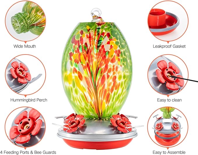 Muse Garden Glass Humming Bird Feeders for Outdoors - 27OZ Blown Glass Hummingbird Feeder - Unique Gift Mom Women Grandparents, Outdoors Hanging Garden Decor, Ant Moat & Brush, Green Floral