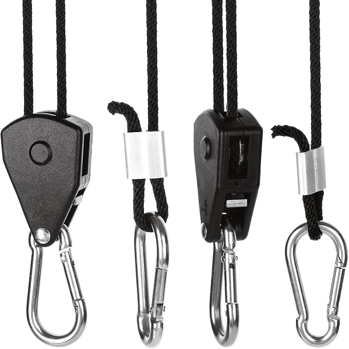 12 Pack Rope Clip Hanger 1/8 Inch 8 FT Adjustable Lifting Pulley Lanyard Hanger with M5 Iron Galvanized Carabiner, Reinforced Metal Internal Gears Ratchets 150lbs Capacity, Black