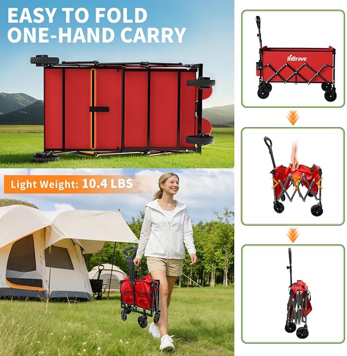 Collapsible Wagon Cart, 380LBS Heavy Duty Utility Wagons with All-Terrain Wheels, Foldable Grocery Carts for Gardening, Shopping, Beach, Camping,Red