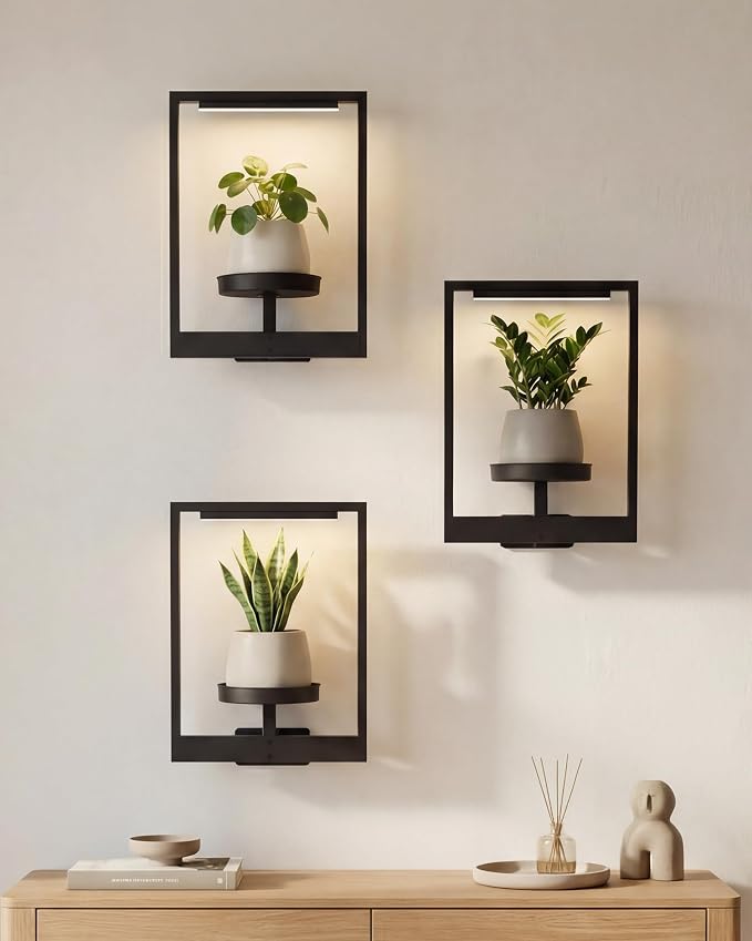 Bamworld Hanging Planters for Indoor Plants Wall Decor Outdoor Living Room Plant Stand Indoor Wall Planters Plant Hanger Window Plant Shelves 3-Packs with Magnetic Lights (Comes with Exposed Wiring)
