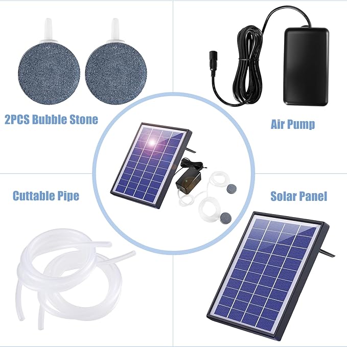 Andoer Pond Oxygenator Solar Powered, Solar Oxygen Pump Aquarium Oxygen Air Pump Fishing Aerator with Pipe 2 Air Bubble Stones for Garden Fish Tank Outdoor Pool Pond (6W)