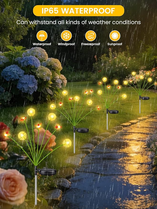 EEW Solar Garden Lights Outdoor 4 Pack 32 LED Swaying Dandelion Bee Lights | Newly 3-Layer Design, Auto On/Off, IP65 Waterproof, 2 Modes, Adjustable Stem, Garden Lawn Pathway Patio Party Decorations