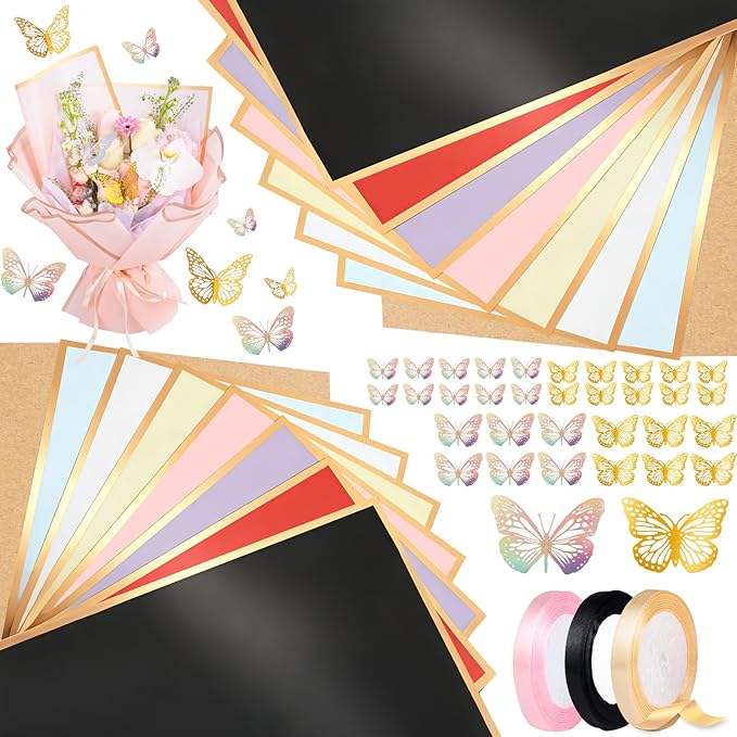 Ecoofor Flower Wrapping Paper Set, 80 Sheets Waterproof Translucent Gold Edge Floral Paper & Kraft Paper, 23 x 23 in & 23.6 x 23.6 in, with 3D Butterflies & 3 Colors Ribbons for Bouquets, Gifts & DIY Crafts