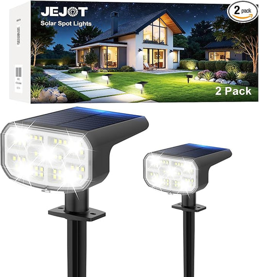 JEJOT Solar Lights Outdoor Waterproof IP65, Super Bright LED, Cool Light 2 Lighting Modes Selectable, Solar Powered Yard Garden Solar Spot Lights for Outside Landscape Auto On/Off -2 Pack