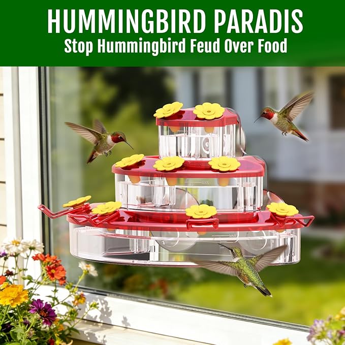 Birdream Hummingbird Feeders for Window, 2 Pack-18oz Suction Cup Hummingbird Feeder with 9 Feeding Ports & Clean Brush, Attracting Ruby Throated Anna Rufous - Red