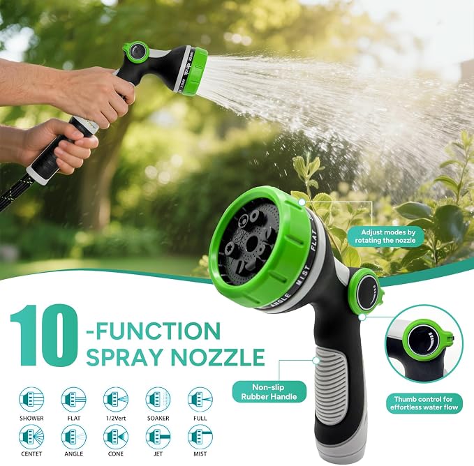 Garden Hose 50FT, Flexible Lightweight Non-Expandable Water Hose with 10 Function Nozzle,Leak-Proof, Burst-Resistant, High-Pressure for Yard, Outdoor