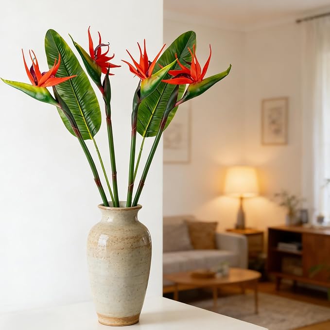 Artificial Bird of Paradise Flowers Real Touch 31.5'in Long Stem Flower 4 Pcs, with Bird of Paradise Leaves 33.5'in Long Stem Greenery Plants 2 Pcs,for Home Garden Wedding Party Decor (Red 6 Stems)
