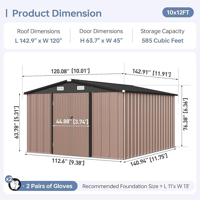 10x12FT Outdoor Storage Shed, Metal Garden Tool Shed with Sloping Roof & Lockable Door for Patio Lawn Backyard (Brown, 10x12FT)
