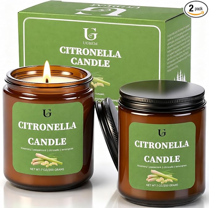 Citronella Candles Outdoor, Natural Soy Wax Outdoor Candles for Patio Backyard Garden Camping, Citronella Essential Oil Blend with Rosemary Peppermint & Lemongrass, 50 Hour Burn Time, 2 Pack 7oz