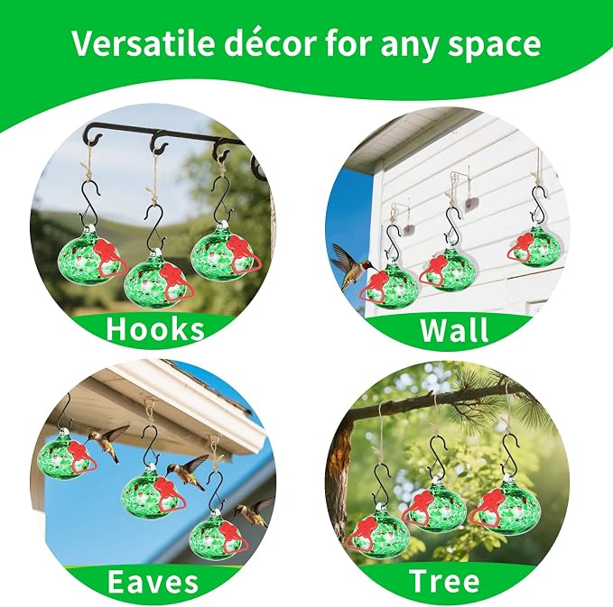 Pozfun Set of 3 Hummingbird Feeders for Outdoors Hanging,Hand-Blown Glass Hummingbird Feeder with Silicone Feeding Perch,Never Leak,Gardening Gifts for Woman Man(Green)