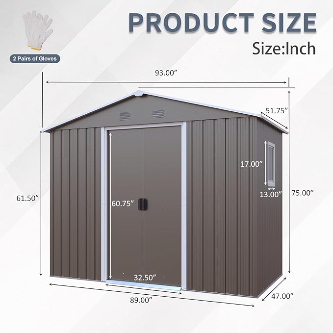 8x4 FT Outdoor Metal Storage Shed with Window, Galvanized Steel Garden Shed, Lockable Sliding Door, Sloped Roof, Ventilated Tool Storage House with Foundation Kit for Backyard Lawn, Gray