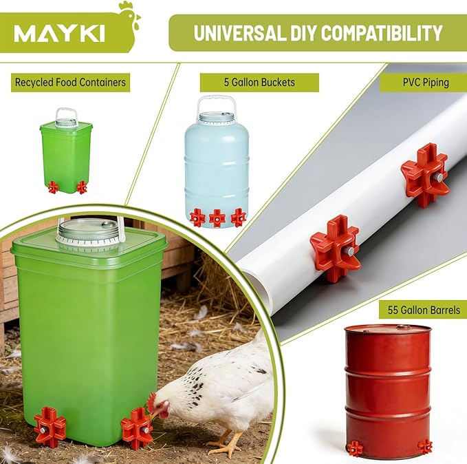 MAYKI Chicken Waterer Nipples, 4-Pack Horizontal Chicken Water Nipples, Leakproof Poultry Watering System for Buckets, Barrels & DIY Setups, for MAYKI Waterer Set, Water-Saving Design