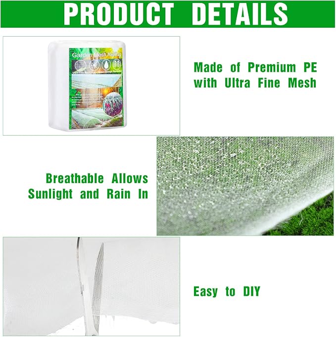 Woanger 10 x 200 ft Garden Netting Ultra Fine Plant Covers to Protect Vegetable Plants Fruit Tree Mesh Netting for Greenhouse Row Patio Barrier Blueberry Bushes Screen(White)