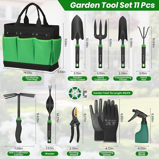 Velway 11-Piece Garden Tools Set Heavy Duty with Ergonomic Handles | Hand Tool Kit with Ergonomic Handles, Rust-Proof, Carry Tote Bag – Gardening Gifts for Women & Men (Green)