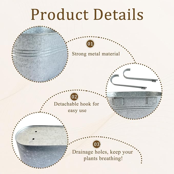 Balcony Galvanized Hanging Planters Railing Flower Pots, Outdoor Metal Fence Planter Pot with Detachable Hooks Drain Hole for Garden Patio Yard Decor (17 Inch, 8Pcs)