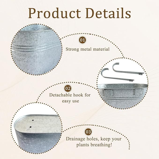 Balcony Galvanized Hanging Planters Railing Flower Pots, Outdoor Metal Fence Planter Pot with Detachable Hooks Drain Hole for Garden Patio Yard Decor (17 Inch, 4Pcs)