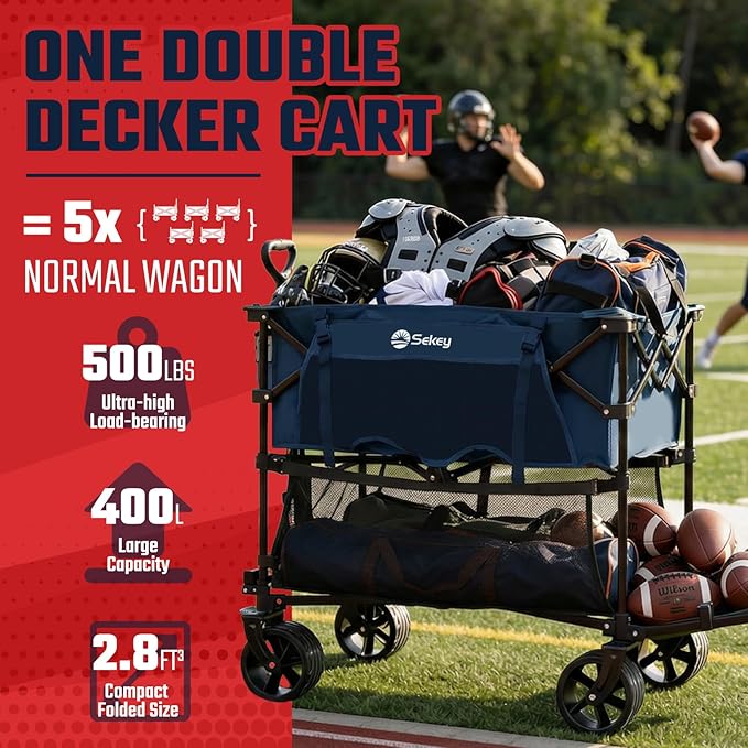 Sekey 500LBS Heavy Duty Double Decker Wagon with Extender, 400L Large Capacity Collapsible Garden Cart Fits 10x10 Canopy, All-Terrain Big Wheels with Brakes, Foldable Utility Wagon for Sports, Camping