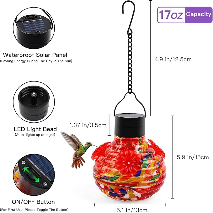 VOREEN Solar Hummingbird Feeder, Hand Blown Glass 17oz Hanging Feeder with LED Light, Waterproof & Rust-Proof Silicone Flower Ports, Decorative Garden Lantern for Outdoor Yard Patio (Multicolor)