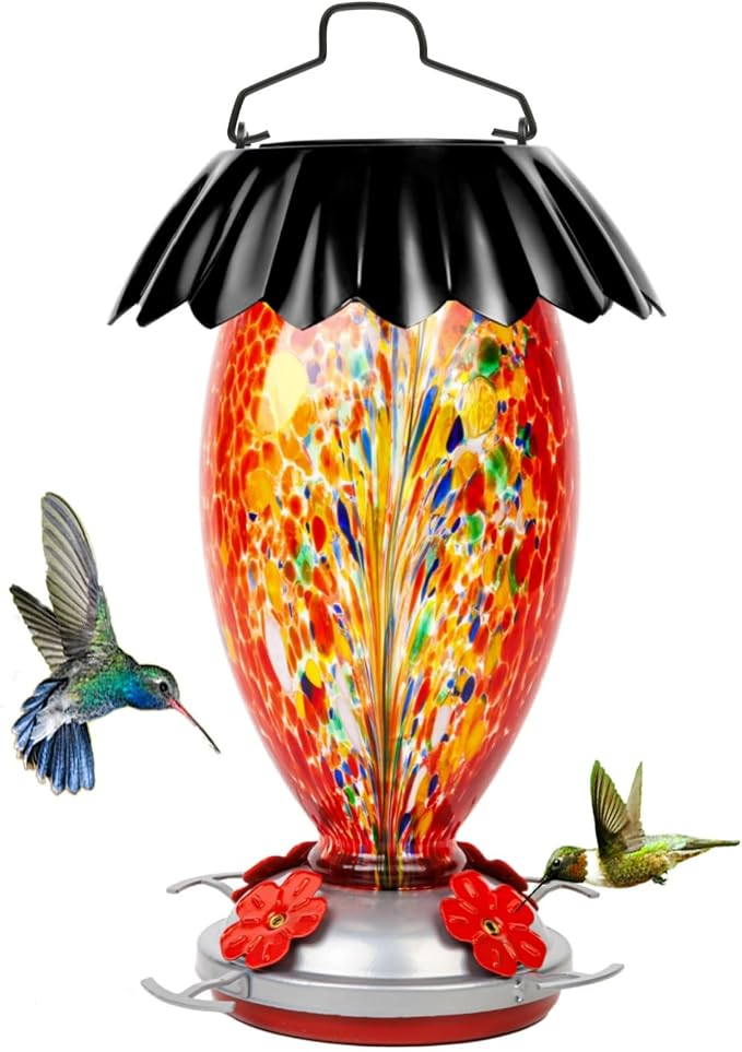 Solar Hummingbird Feeder for Outdoors Hanging Colorful Lighting 32 Oz Hand Blown Glass Hummingbird Feeder for Garden Decoration with Accessories (Firework)