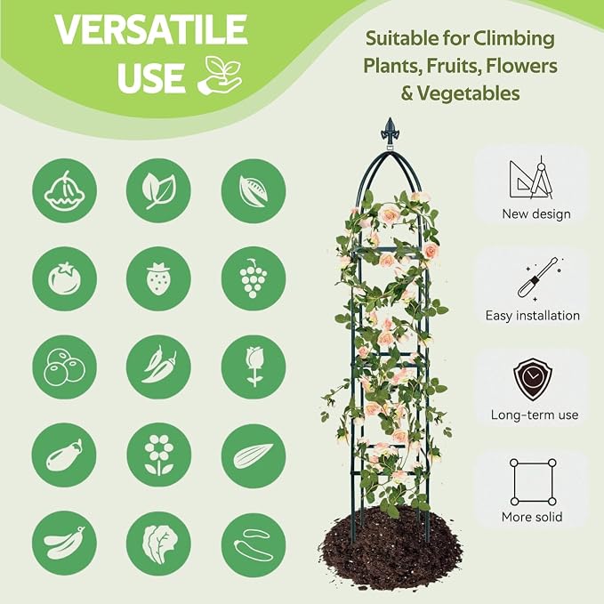 100% Metal Obelisk Trellis for Climbing Plants Outdoor & Indoor - 63" Tall Rustproof Metal Garden Trellis for Clematis Cucumber Vines - Square Plant Support Rose Trellis for Pots Flowers Fruits Green