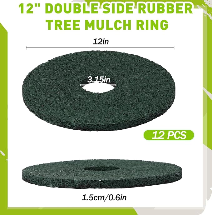Peryiter 12 Pcs Double Side Rubber Mulch Tree Ring, Heavy Duty Rubber Mulch Mat, Tree Root Protector Mat Reversible Round Root Ring Weed Barrier for Prevent Animal Dig (Green)