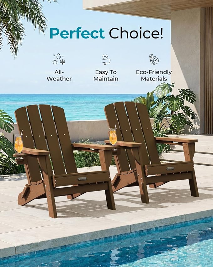 Folding Adirondack Chair 2 Pack, HDPE All-Weather Fire Pit Chairs, Plastic Adirondack Chairs with 2 Cup Holder, Outdoor Lawn Chair for Patio Garden (Brown)