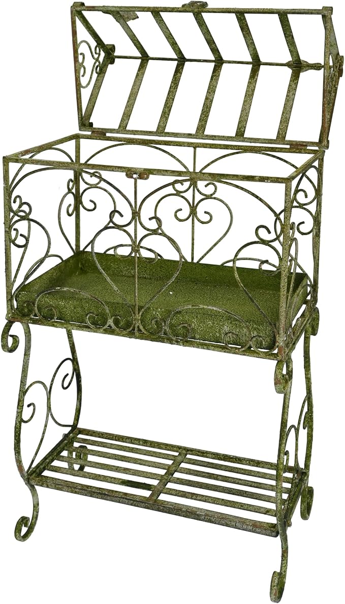 Vintage 2-Tier Metal Plant Stand with House-Shaped Planter Tray, Distressed Green Rustic Plant Shelf with Succulent Tray for Indoor Outdoor Garden, Patio & Balcony Decor
