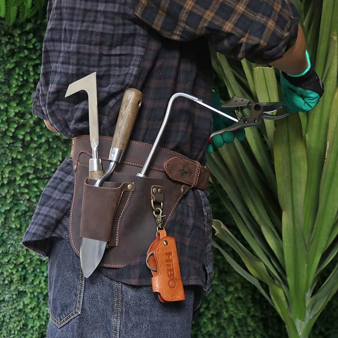 TOURBON Leather Tool Belt Gardener Florist Farmer Tools Holster Waist Pouch Electrician Carpenter Plumbing Organizer Bag with 3 Pockets