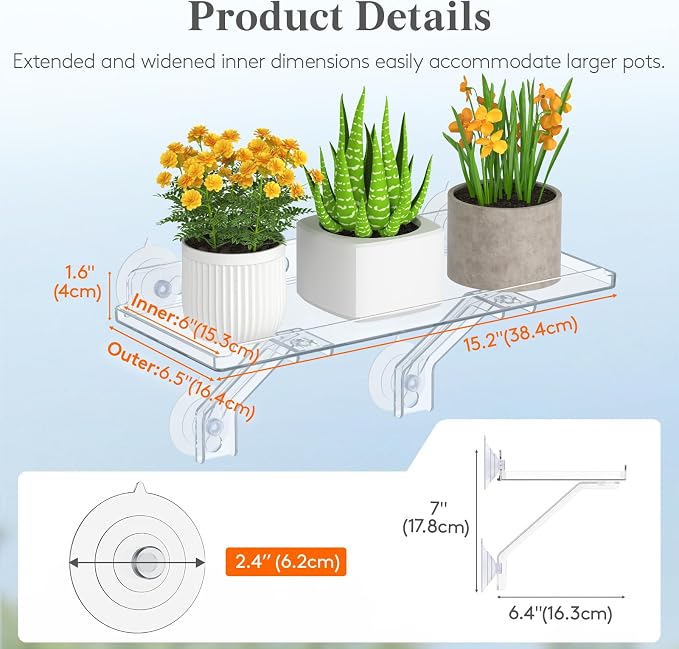 Lifewit 6" Extra Wide & Strong Window Plant Floating Shelves 4 Pack, Heavy Duty Acrylic Suction Cup Shelf, Sill Extender for Succulent Plants, Seed Starter Pots, Herb Planters 38 x 15 cm/15.2x6