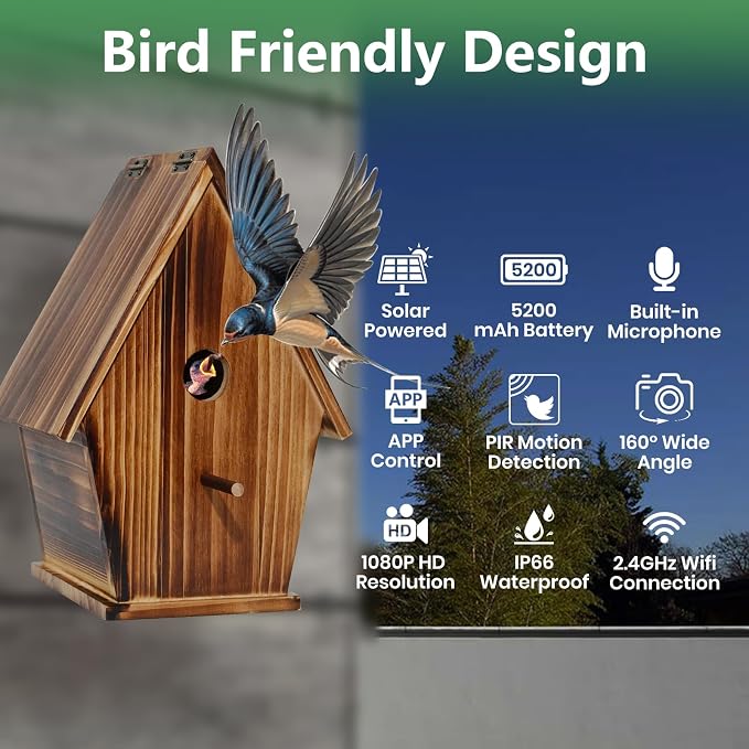 Solar Powered Smart Birdhouse with Camera, 1080P Bird Box with Night Vision for Outside, Auto Capture Bird Video, Motion Detection & 2.4G WiFi App for Bird Activity Monitoring