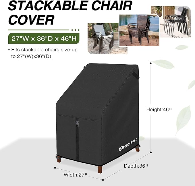 Porch Shield Patio Stackable Chair Covers - Waterproof Outdoor Stack of Chair Cover - 27W x 36D x 46H inch, Black