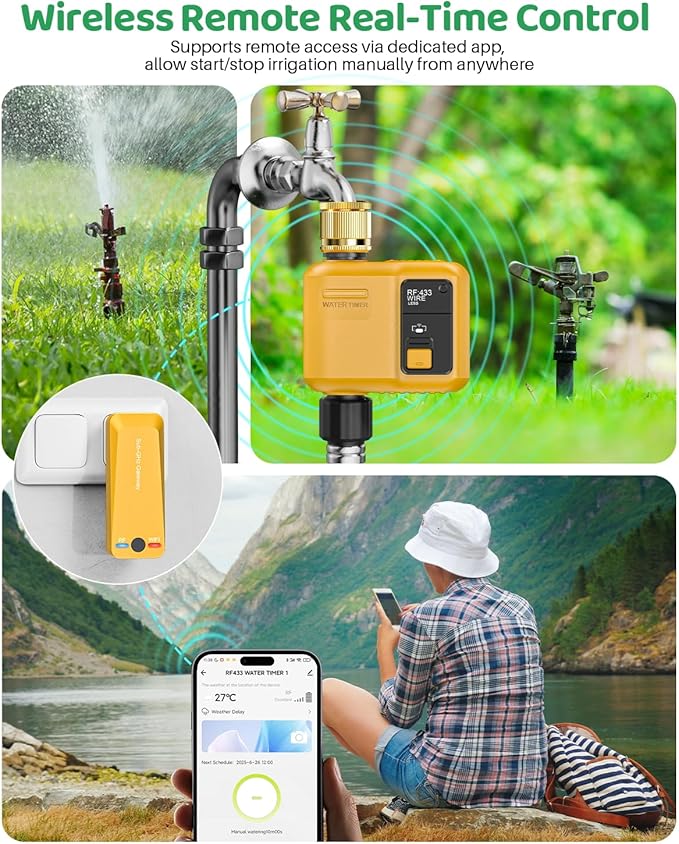 WiFi Water Timer 1 Zone for Garden Hose, Smart Sprinkler Timer with 984ft RF Range, Smart Lawn Watering System Irrigation Controller, APP/Voice Control, Rain Delay, Automatic/Manual Irrigation
