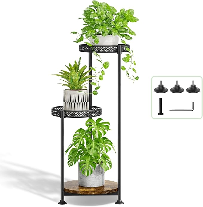 Oppro Plant Stand Indoor Outdoor Clearance, 3 Tier Metal Flower Shelf Pot Holder, Tall Multiple Plants Corner Rack Narrow House Orchid Display Organizer for Patio Office Porch Living Room Garden, Black