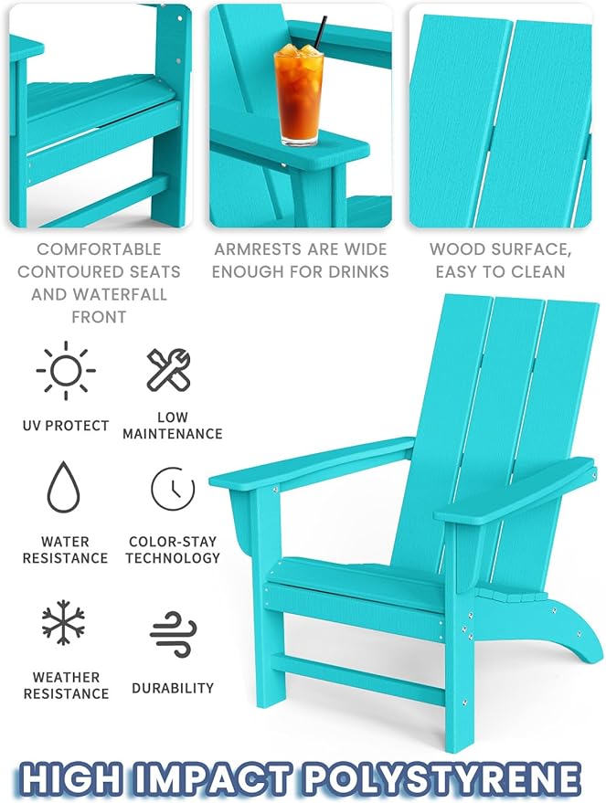Modern Adirondack Chair, HDPE Plastic Patio Chairs for All Weather, Fire Pit Chair, Outdoor Lawn Chairs for Deck, Porch, Backyard, Garden, Aruba Blue
