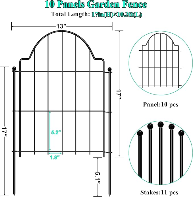 Decorative Garden Fences 17in x 10.3ft, 10 Pack Outdoor Fencing Animal Barrier Dog Border, Metal Wire Fence Panels for Garden Decor, Flower Bed Edging Borders for No Dig Patio Yard