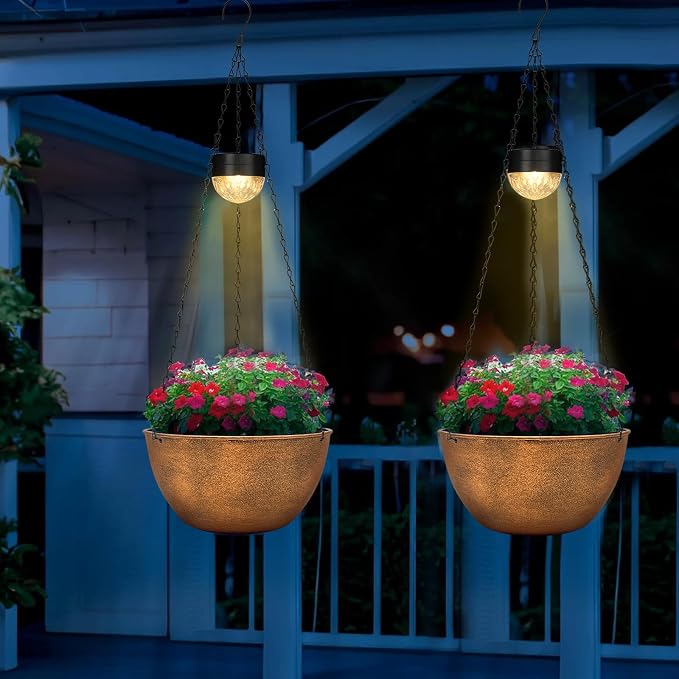 SUNNYPARK 2 Packs Hanging Planters Basket for Outdoor Plants, Solar Powered Self Watering Bronze Round Plastic Flower Pots with Drainer for Balcony Patio Garden Outdoor Decoration