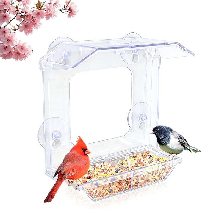 Window Bird Feeder with 4 Extra Strong Suction Cups, Clear Bird Feeder for Outdoor with Dual Seed Tray, Easy to Install & Clean, Durable Wild Birdfeeder Perfect for Garden Home Bird Viewing