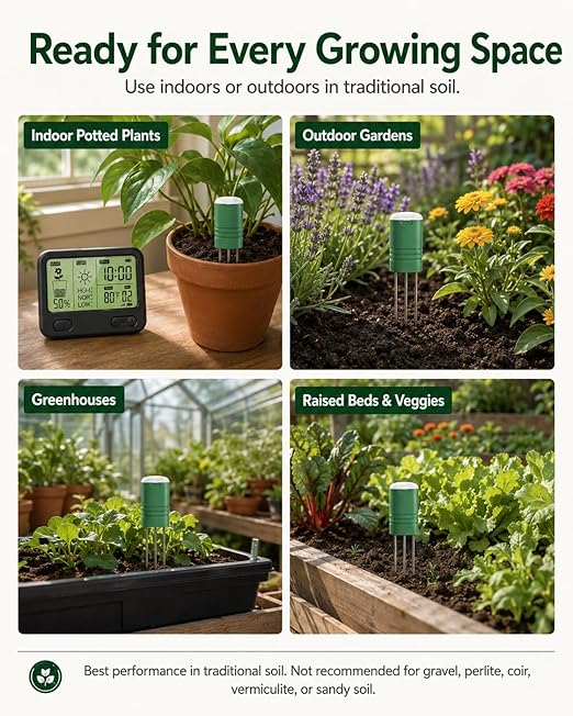 Soil Moisture Meter for Plants, Multi-Zone Wireless Soil Test Kit & Soil Thermometer, TDR 4-in-1 Plant Water Meter, 230ft RF, IPX5 Waterproof, Indoor Outdoor Garden Lawn Farm(Display+2Sensor)