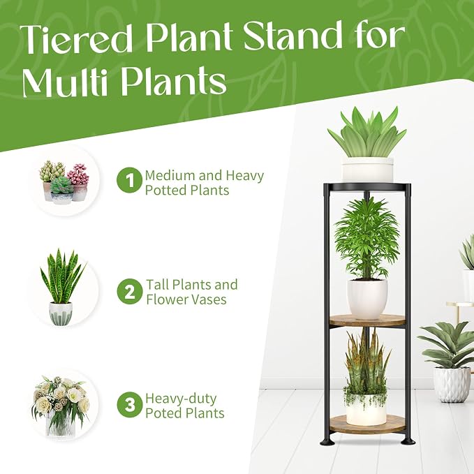 iDavosic.ly 34 Inch Tall Plant Stand for Indoor Outdoor 2 Pack, 3 Tier Vertical Metal Flower Holder Shelf and 5 Layer Corner Pot Display Rack for House Patio Porch Garden Balcony Living Room, Black