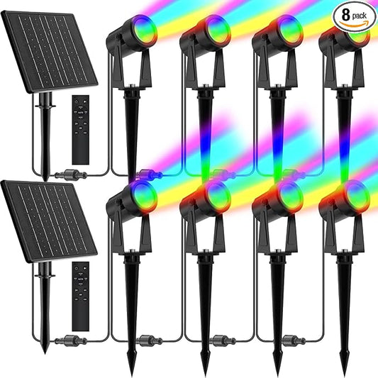 ZYAN Solar Color Changing RGB Spotlights with Remote, 12000mAh Separate Monocrystalline Panels & USB-C Powered, Auto On Off, Outdoor IP65 Waterproof for Patio Yard Path (8 Pack)