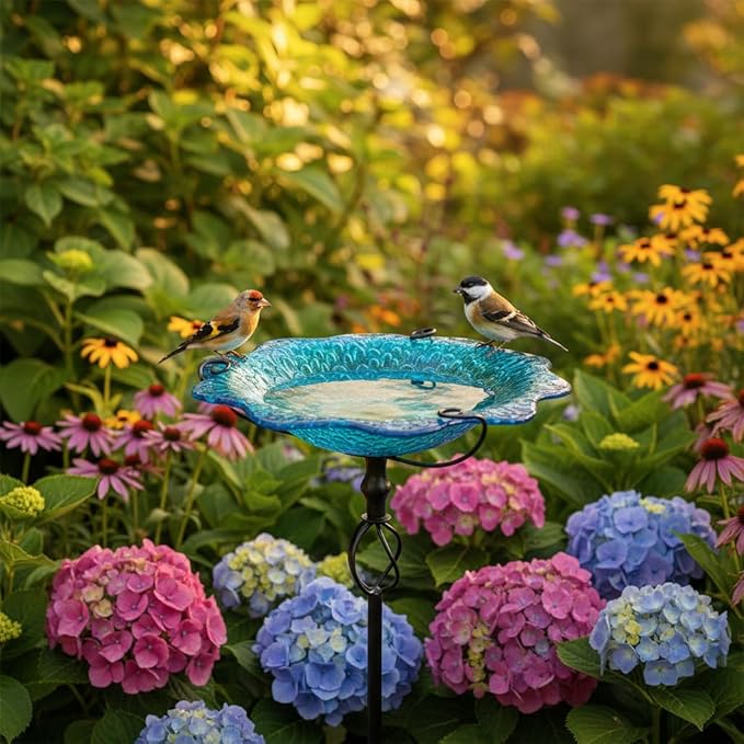 HONGLAND Bird Baths for Outside,11" Small Blue Glass Birdbaths Outdoor,Detachable Bird Feeder with Metal Stake for Garden Yard Patio Decor,30" Height