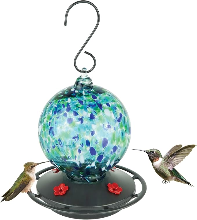 Garden Globe Handblown Recycled Glass Hummingbird Feeder for Outdoor Décor, 19 Ounce Capacity Nectar Feeder, 4 Removable Easy Clean Ports, Blue