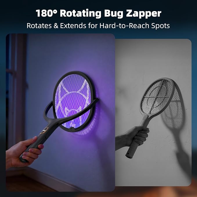 Nymrix Electric Fly Swatter Racket with Rotating Head & Telescopic Handle, 2-in-1 Bug Zapper, 4100V Rechargeable Mosquito Killer with 2600 mAh Battery for Indoor & Outdoor Use (Black,2 Pack)