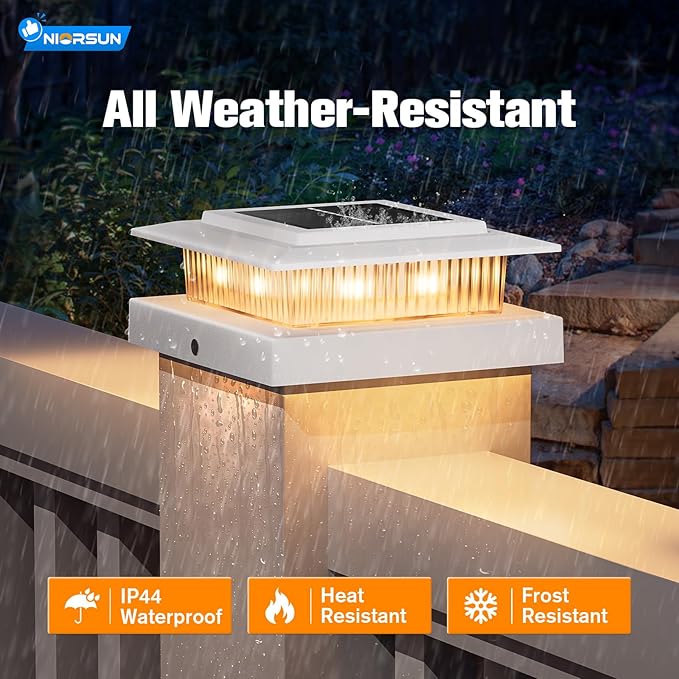 NIORSUN Solar Post Cap Lights Outdoor Waterproof, 4x4 Post Solar Lights 2 Color Modes, Fence Posts Solars Light for Deck Patio Garden Deco, 4x4 Posts Caps Wood Vinyl, 5x5 Vinyl, 16 Pack (White)