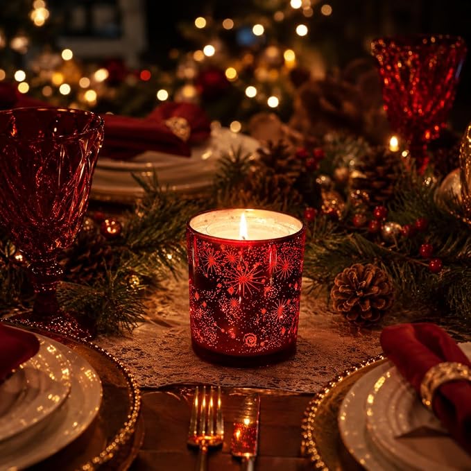 Viyffo 12oz Heat-Activated LED Light Up Scented Candle - Mulled Wine, Non Toxic Soy Candle in Decorative Red Glass Jar, Night Light Candle for Bedroom, Bathroom & Living Room, Novelty Gift for Women