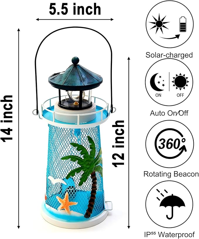 Solar Lighthouse Bird Feeder with Rotating Beacon - 14" Hanging Best Birdfeeder Gifts for Bird Lovers(Beach Blue)